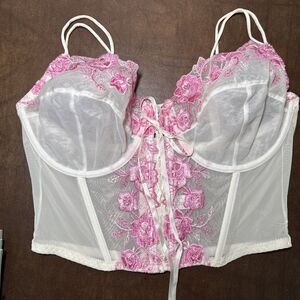 Secret Treasures Sheer Pink Lace w/ Satin Ribbon Lace-up Front Bustier Sz 40D